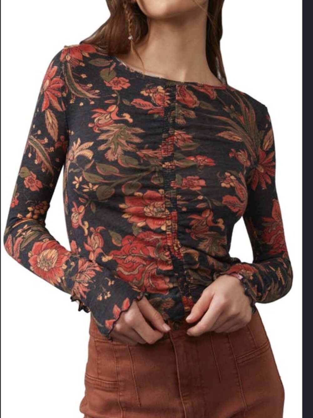 Free People Dreamed Of You Charcoal Grey Floral Print Long Sleeve Top Size Small